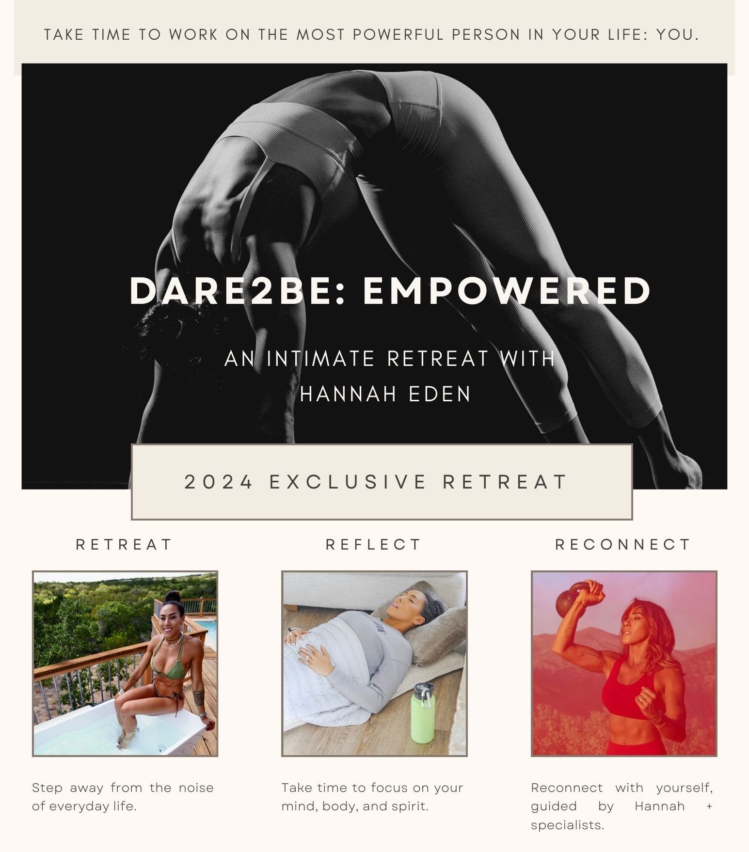 Dare2Be: EMPOWERED Cover | Hannah Eden doing animal flow, in a cold plunge tub, laying down, with a kettlebell