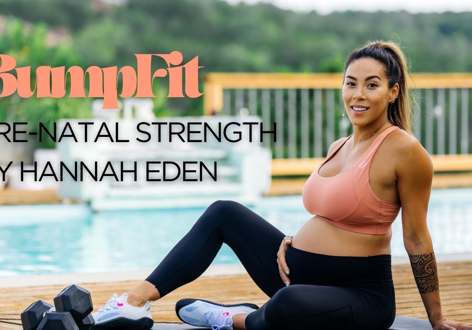 BUMPFIT COVER | HANNAH EDEN, PREGNANT, ON POOL DECK WITH DUMBBELLS