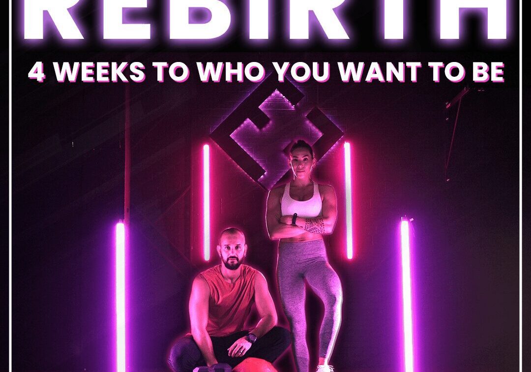 Rebirth Cover | Hannah Eden + Paulo Barreto standing in front of pink and purple neon lights